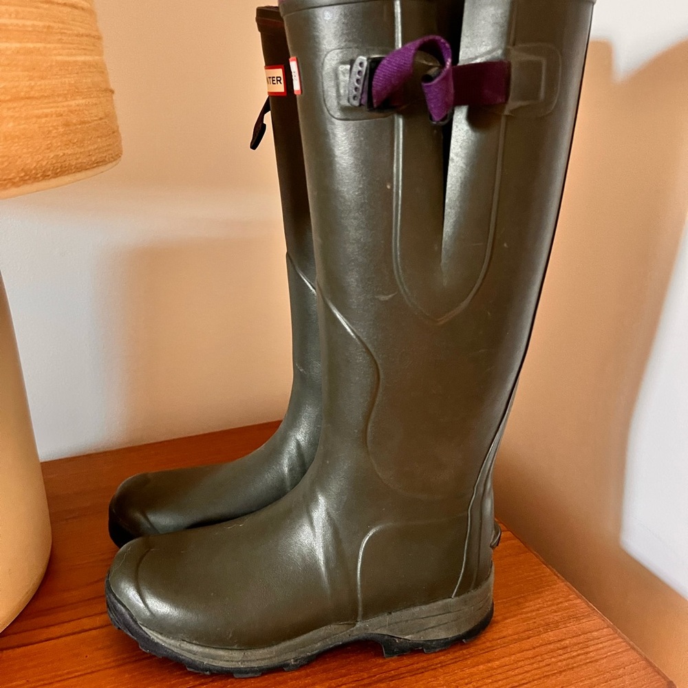 Hunter Olive Green Tall Rain Boots with Purple Pull Tab